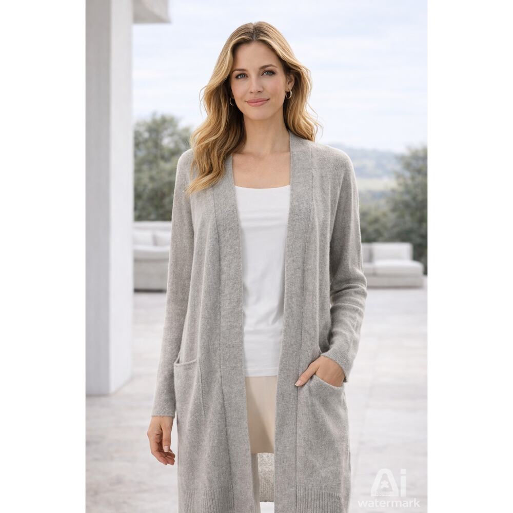 Pure Amici 100% Cashmere Gray Long Open Cardigan Sweater Women S